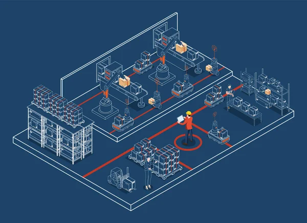 Automatische Magazijnrobots Smart Warehouse Technologie Concept Met Warehouse Automation System — Stockvector