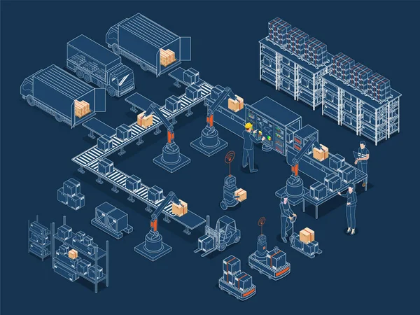 自动化仓库机器人和智能仓库技术概念与仓库自动化系统 自主机器人 运输操作服务 矢量图解Eps — 图库矢量图片