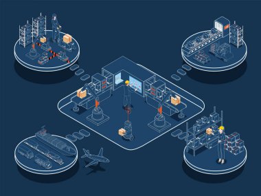 3D isometric Global logistics network concept with Transportation operation service, Supply Chain Management - SCM, Company Logistics Processes. Vector illustration EPS 10