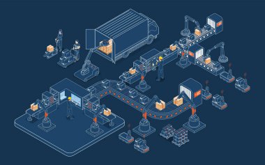 Otomatik Depo Robotları ve Akıllı Depo Teknolojisi konsepti Agv robotları, Depo Otomatik Otomatik Envanter Kontrol Platformları. Vektör illüstrasyonu EPS 1