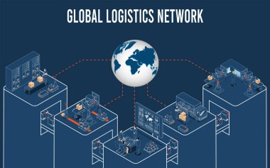 3D isometric Global logistics network concept with Transportation operation service, Supply Chain Management - SCM, Company Logistics Processes. Vector illustration EPS 10