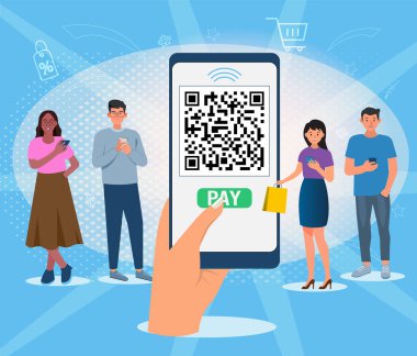 Financial Technology Contactless payment concept with smartphone cashless payment, mobile phone app, QR code scanner. Vector illustration eps10 clipart