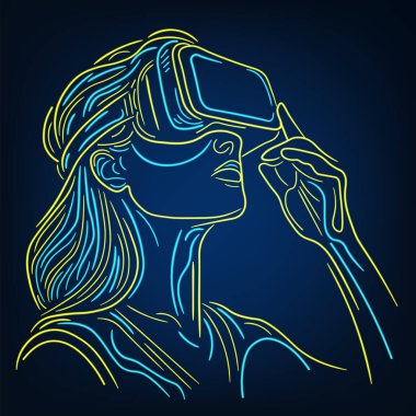 Gözlük takan birinin şekli, VR, Neon Retro tarzı bir şeyin tepesine bakıyor. Retro neon sanatının gelecekteki karakteristik görünüşü, soyut büyüme ışığı arka planı. Vektör illüstrasyonu E10