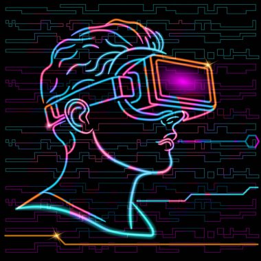 Gözlük takan birinin şekli, VR, Neon Retro tarzı bir şeyin tepesine bakıyor. Retro neon sanatının gelecekteki karakteristik görünüşü, soyut büyüme ışığı arka planı. Vektör illüstrasyonu E10