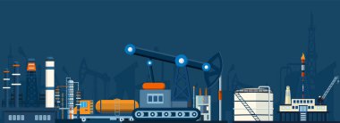 Petrol ve doğalgaz üretim süreci, ek binalar, petrol ürünleri, petrol depolama tankı ve çıkarma. Poster Broşür Pilotu Tasarımı, Vektör İllüstrasyon Bölüm 10