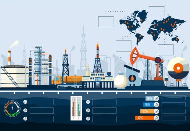 Offshore petrol platformu, tanker, pompa, ulaşım, fabrika ve benzin istasyonu ile petrol ve doğalgaz endüstrisi bilgileri. Vektör illüstrasyonu E10