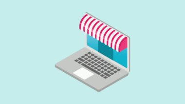 İnternet üzerinden alışveriş, internet sitesi ya da mobil uygulama için e-ticaret konsepti. 2B izometrik Canlandırma