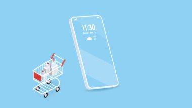 İnternet üzerinden alışveriş, internet sitesi ya da mobil uygulama için e-ticaret konsepti. 2B izometrik Canlandırma