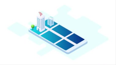Akıllı Şehir konsepti, akıllı hizmetler, internet, ağ, park, artırılmış gerçeklik konsepti. 2B izometrik Canlandırma
