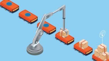 Otomasyon Endüstrisi 4.0 konsepti Robot kolu ve karton kutular ile Otonom Robot Ulaşım Servisi. 2B izometrik Canlandırma