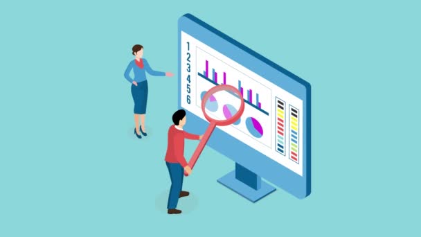 データビジュアライゼーションと財務投資モニタリングを活用したビジネスチームが ビジネスデータを分析します 2Dイソメトリックアニメーション — ストック動画