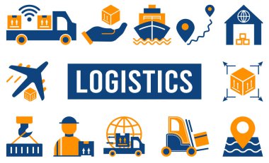 Akıllı Lojistik, Su Taşımacılığı, Forklift ve daha fazlası ile lojistik minimal katı web simgesi seti. Vektör illüstrasyonu E10.