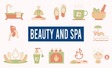 Güzellik ve Spa, Yoga, Bitkisel Çay, Ayak Masajı, Hidratasyon ve daha fazlası ile en az katı ağ ikonu seti. Vektör illüstrasyonu E10.