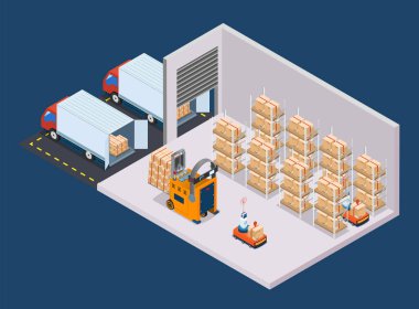 Otomatik depo robotu ve otomatik robot taşıma hizmeti konsepti Otomatik Güdümlü Araçlar (AGVs) ve Otomatik Mobil Robotlar (AMRs). Vektör illüstrasyonu EPS 10