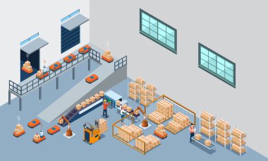 Akıllı Depo Teknolojisi ve Otomatik Depo Robotları Otomatik Rehberli Araçlar (AGVs) ve Otomatik Mobil Robotlar (AMRs). Vektör illüstrasyonu EPS 10