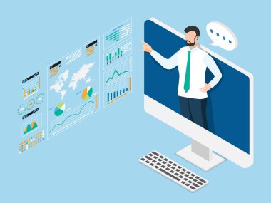 Bilgisayar ekranında bir webinar, seminer ve veri analiz toplantısı sunan bir iş adamı. Finansal uzman tartışması. Isometric vektör illüstrasyonu ep10