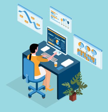 Bir iş kadını ev ofisinden online olarak çalışıyor, monitörde veri analiz grafiklerini gösteren web tabanlı bir gösterge paneline erişmek için bir bilgisayar kullanıyor. izometrik Vektör illüstrasyonu eps10