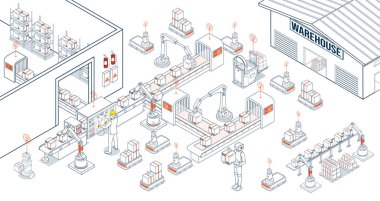 Sanayi 4.0 veya Dördüncü Endüstriyel Devrim, IoT, Cloud, AI, Edge bilgisayar ve Dijital İkiz teknolojileri üretim ve tedarik zincirlerine entegre eder. Vektör illüstrasyonu E10