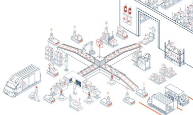 Lojistik Deposu Çalışma Süreci Konsepti Ulaşım Operasyon Servisi Endüstriyel İnternet ve Özerk Robot. Vektör illüstrasyonu EPS 10