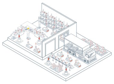 Akıllı depo lojistiği otomatik robot ve sistemleri birleştirerek envanter akışı ve işlemleri verimli bir şekilde yönetir. Vektör illüstrasyonu EPS 10