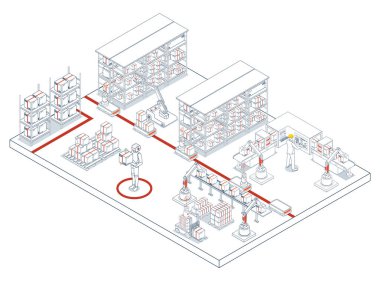 Depo otomasyonu robotları ve akıllı teknolojileri lojistiği en az insan müdahalesiyle optimize etmek için kullanır. Vektör illüstrasyonu EPS 10