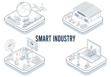 Smart Industry, IoT, bulut hesaplama, yapay zeka, makine eğitimi ve üretimi devrim niteliğinde diğer dijital teknolojileri birleştirir. Vektör illüstrasyonu E10