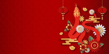 Mutlu Çin Yeni Yılı 2025. Soyut çiçekli yılan burcu, yılan yılı. Vektör illüstratörü EPS10