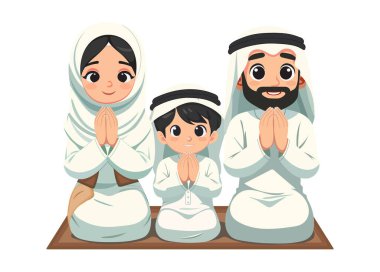 Müslüman aile, baba, anne ve çocuk geleneksel giysiler içinde tesettüre girmiş, namaz kılarken birlikte diz çökmüşlerdir..