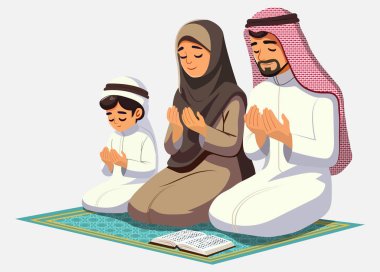 Müslüman aile, baba, anne ve çocuk geleneksel giysiler içinde tesettüre girmiş, namaz kılarken birlikte diz çökmüşlerdir..