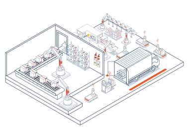 Robotic material flow in the automated warehouse is achieved through a fleet of AGVs and AMRs working together. clipart