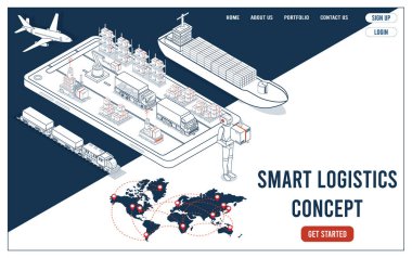 Tüm tedarik zincirini optimize etmek için dağıtım robotları, depo yönetim sistemleri ve ulaşım entegre akıllı lojistik çözümler gösteren 3D izometrik şablon.