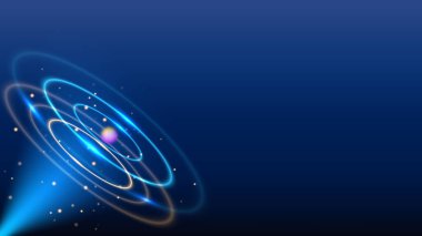 Göz kamaştırıcı dairesel tasarım mavi ve altın ışık efektlerini soyut altın halkalar ve parlak girdaplarla birleştiriyor. Kutlamalar ve karanlık sahne arka planlarında sergiler için mükemmel..