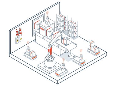Etkili robotik materyal işlemleri ve lojistik işlemleri için AGVs (Otomatik Güdümlü Araçlar) ve AMRs (Otomatik Mobil Robotlar) kullanan Otomatik Depo ve Ulaşım İşlemleri.