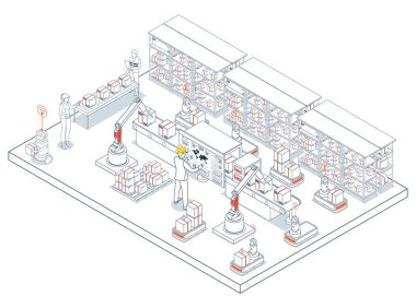 Smart Warehouse Technology and Industry 4.0. Utilizing AGVs and AMRs for efficient automated material handling, logistics, and transportation operations in modern warehouse automation systems. clipart