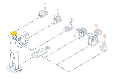 Depo çalışanı, depoda tablet ve kablosuz ağ aygıtı kullanarak otomatik güdümlü araçlar (AGVs) ve Otomatik Mobil Robotlar (AMRs) işletiyor..