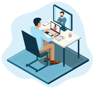 Isometric düz vektörü bir çevrimiçi video konferansına sahip, uzak teknolojinin iş ekiplerinin toplantılarını ve işbirliği çalışmalarını nasıl kolaylaştırdığını vurguluyor.