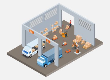 Depo Lojistiği Endüstri 4.0 kaldıraç yapay zekası ve otomatik üretim, ulaşım ve tedarik zinciri yönetimi için AGVs. 