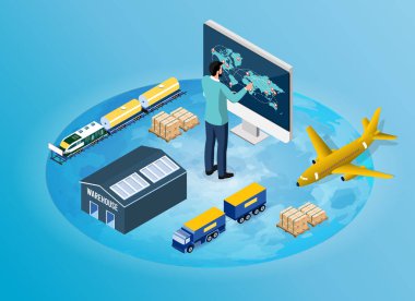 Global Logistics and Worldwide Distribution, bir uluslararası dağıtım ve tedarik zinciri ağı, konteyner gemileri, yük taşıyıcıları, havayolları ve sorunsuz küresel ticaret için hava taşımacılığı kavramı.
