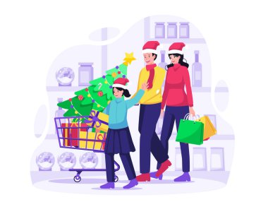 Noel Aile Alışveriş Konsepti. Baba, anne ve kız noel partisini kutlamak için süpermarketten mal ve hediye alıyorlar. Düz biçimli vektör illüstrasyonu
