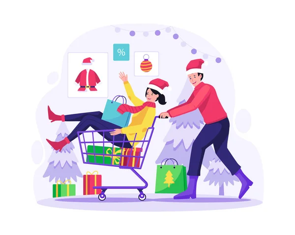 stock vector Christmas Sale and Shopping concept with Happy a man pushing a trolley with a woman sitting in the shopping cart with gifts and things. Vector illustration in flat style