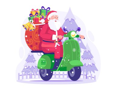 Bir çuval dolusu hediye kutusuyla mutlu Noel Baba, Noel günü hediye vermek için scooter 'a biniyor. Düz biçimli vektör illüstrasyonu
