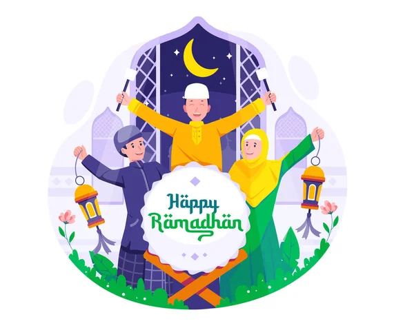 Heureux Jeunes Enfants Musulmans Célèbrent Ramadan Kareem Avec Bedug Tambour Vecteur En Vente