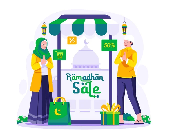 Рамадан Продає Купує Ілюстрації Мусульманин Жінка Біля Гігантського Смартфона Ramadan — стоковий вектор