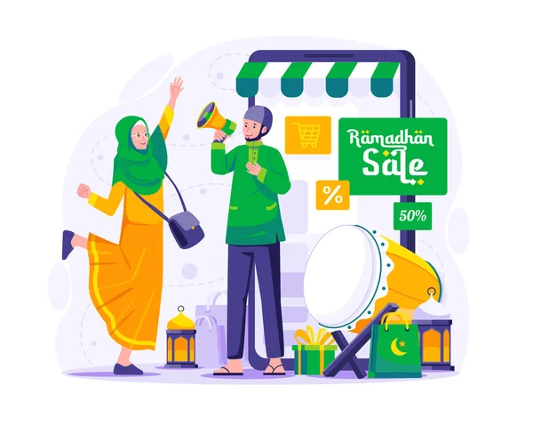 Ramadan Sale Shopping Illustration Muslim Man Doing Promotion Using Megaphone — Image vectorielle