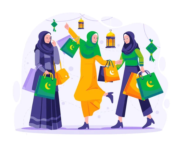 Мусульманські Жінки Купують Рамадан Сел Щасливі Молоді Жінки Сумками Магазинів — стоковий вектор