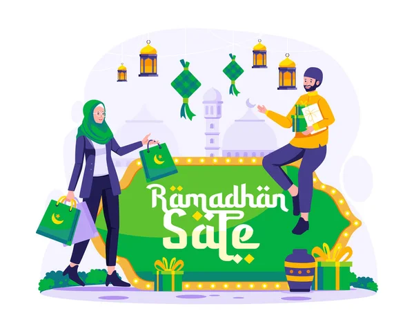 Musulmans Faisant Shopping Sur Ramadan Sale Ramadan Kareem Eid Moubarak Illustrations De Stock Libres De Droits