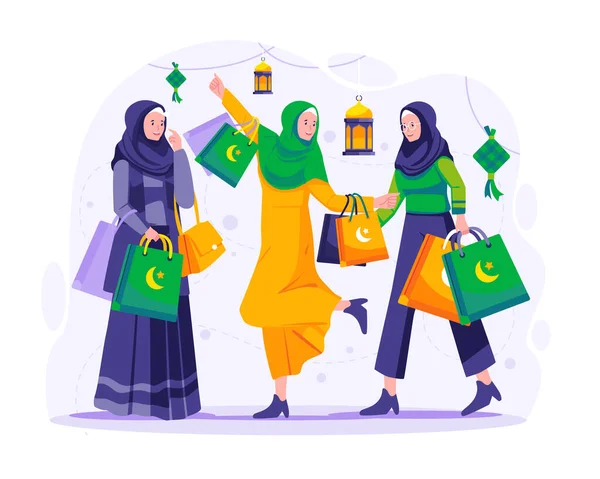 Donne Musulmane Stanno Facendo Shopping Ramadan Sale Giovani Donne Felici Illustrazione Stock