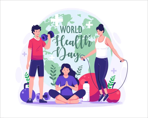 Světový Den Zdraví Koncept Ilustrace Postavami Lidí Cvičení Fitness Jóga — Stockový vektor