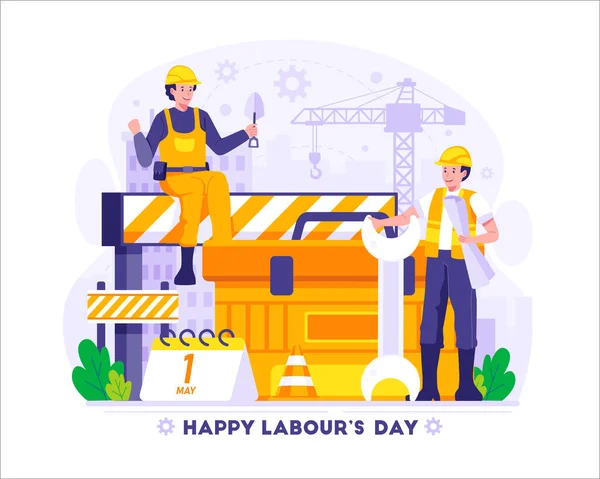 Ευτυχισμένη Ημέρα Εργασίας Οικοδόμοι Κρατούν Εργαλεία Ημέρα Των Εργαζομένων Εικονογράφηση — Διανυσματικό Αρχείο