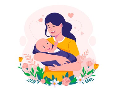 Anne kucağında bebeği taşıyor. Anneler Günün kutlu olsun. Anne ve Bebek. Küçük sevimli bebeğiyle mutlu bir anne.